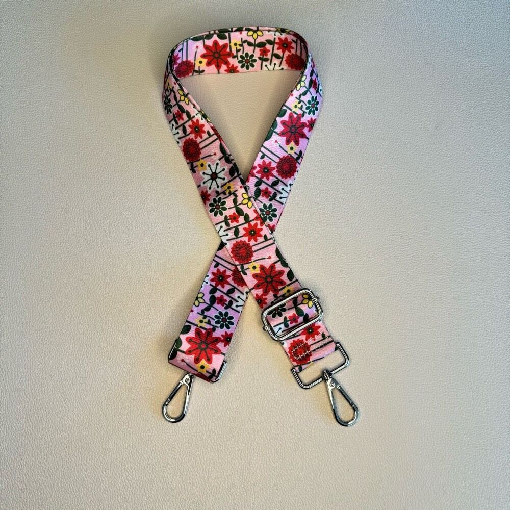 Pink Floral Adjustable Crossbody Bag Strap with Silver Hardware